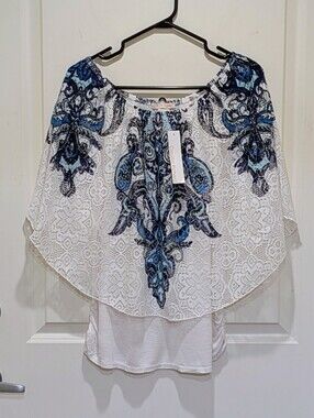 NWT Claudia Richard L White Lace Capelet Top with Blue Paisley Pattern